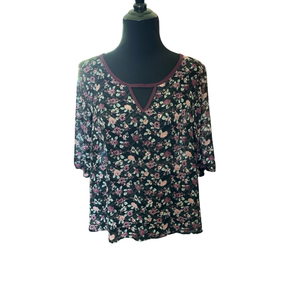 Xhilaration shirt/blouse xxl, shear 3/4 sleeve, blue, purple, teal floral print